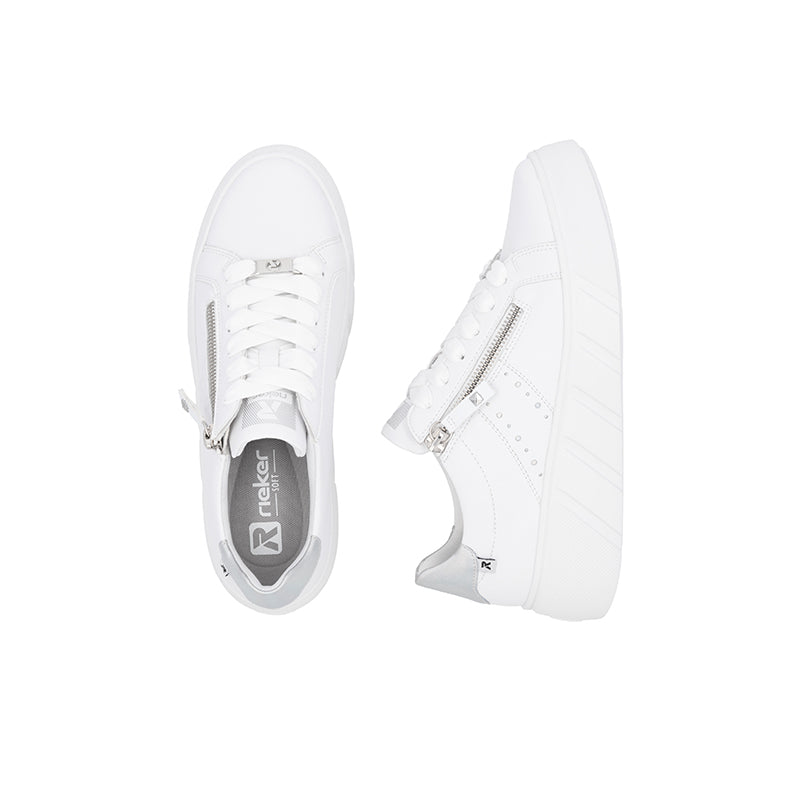 White low-top sneakers with front zip and lace-up, white outsole detail