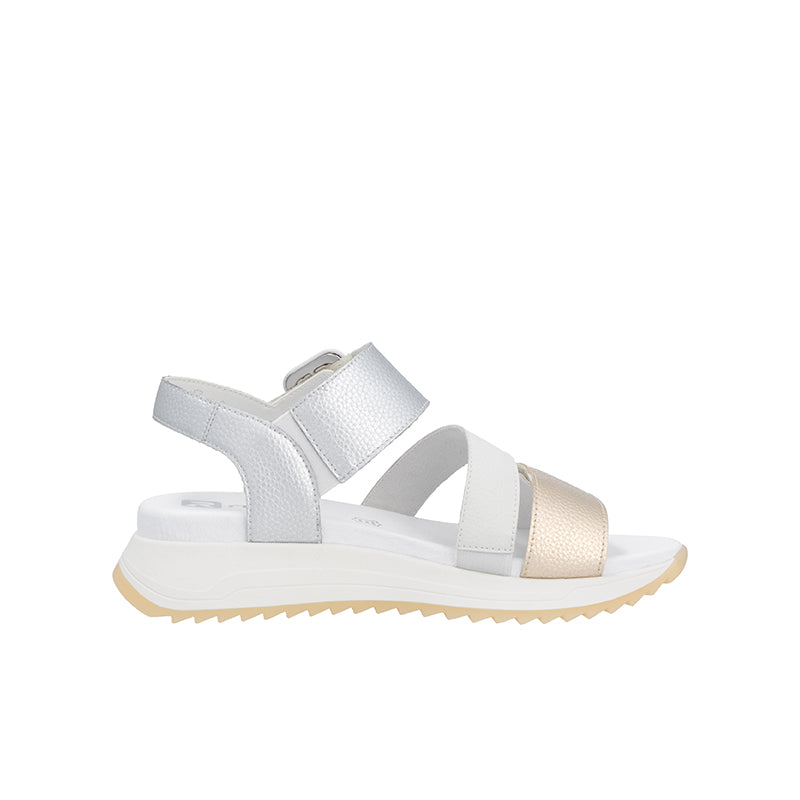 Women’s metallic white leather sandals with two hook-and-loop straps and thick sole