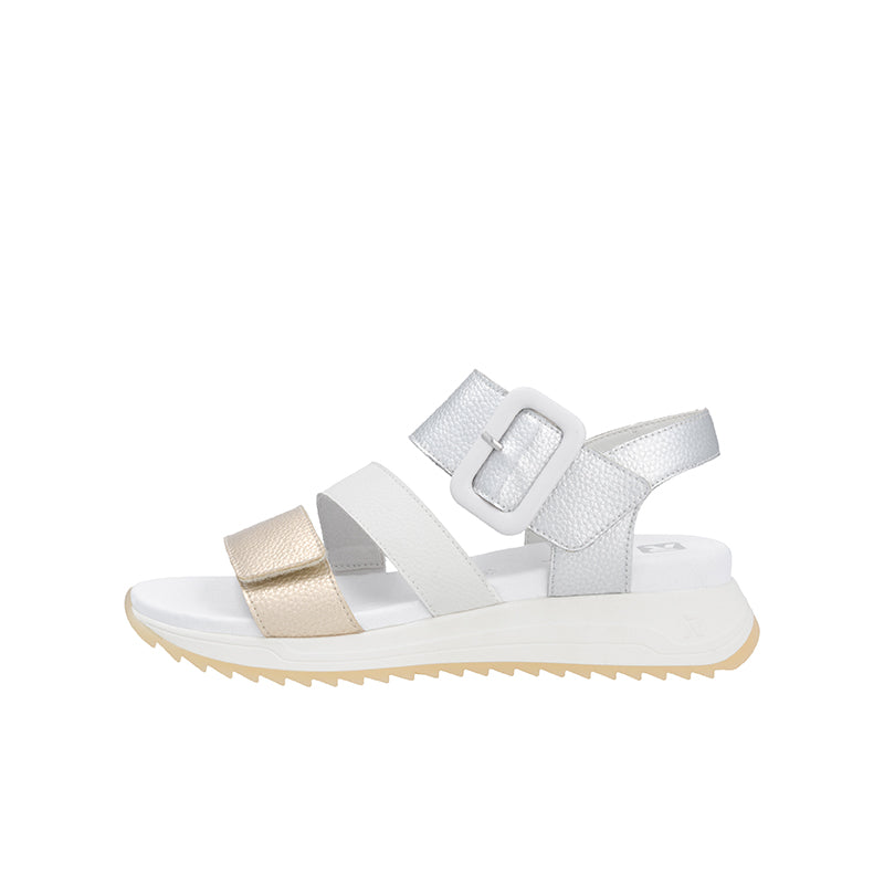 Women’s metallic white sandals with two hook-and-loop straps and platform sole