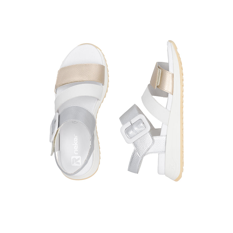 Women’s metallic white leather sandals with hook-and-loop ankle straps and open toe
