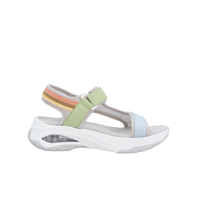 Womens multicolour hook-and-loop sandals with light blue and green straps, white sole
