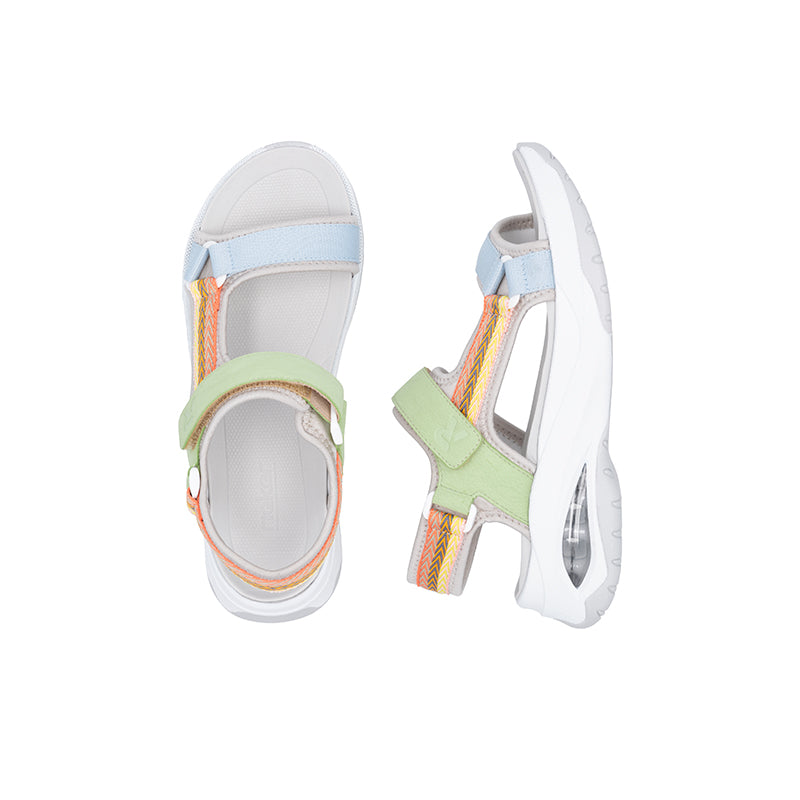Womens multicolour sandals with open toe, green ankle strap and light blue upper panels