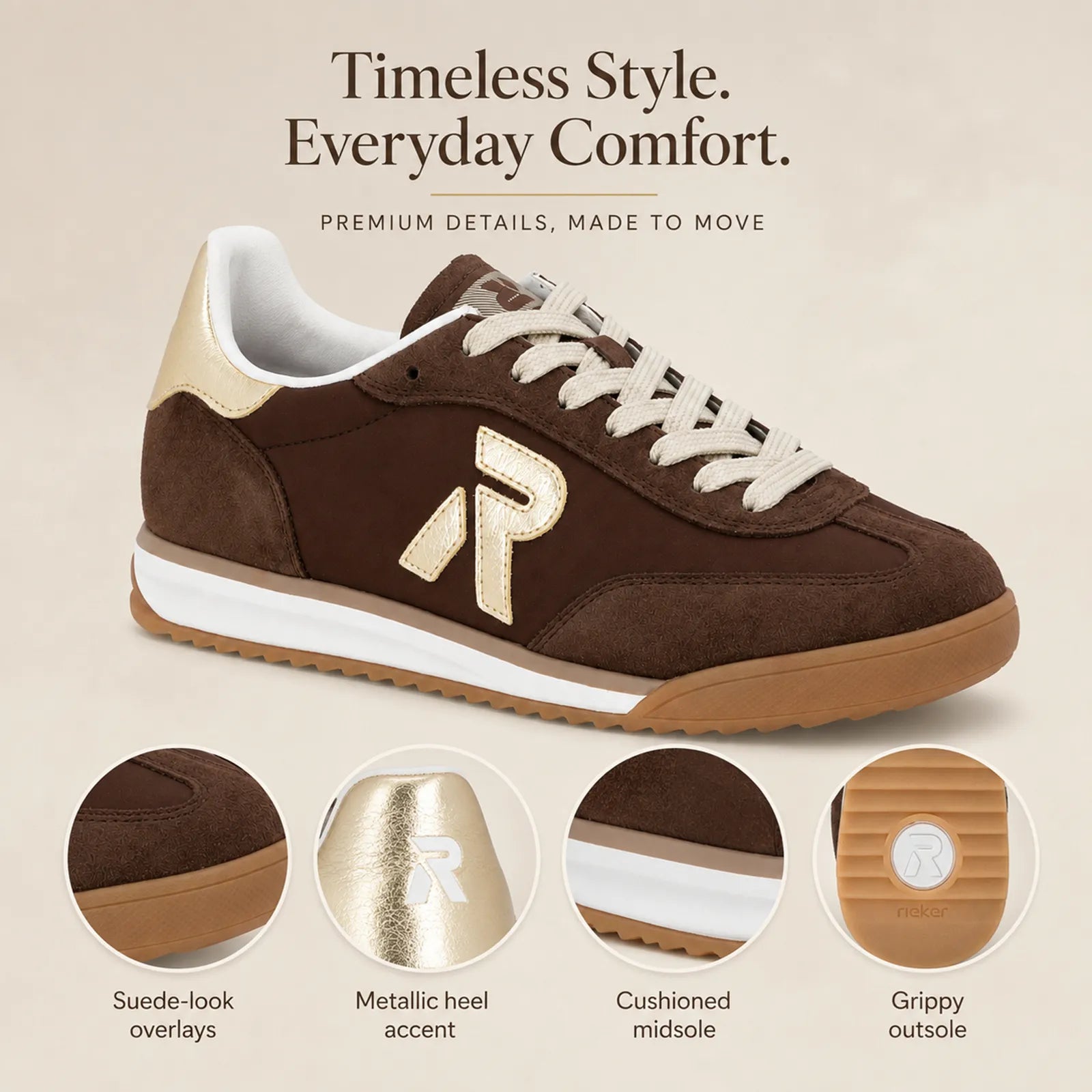 Close-up detail of Rieker KINGSTON W4000 Brown trainers with lace-up fastening and gum sole