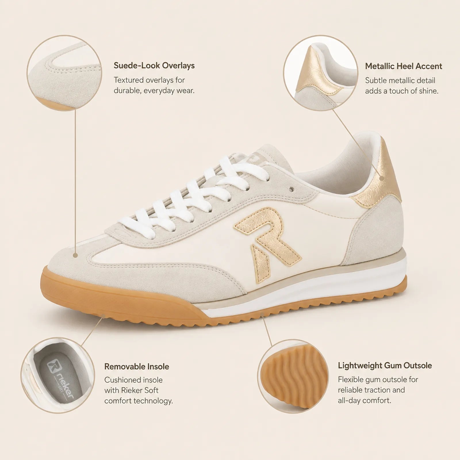 Close-up detail of Rieker KINGSTON W4000 White trainers with lace-up fastening and retro sole