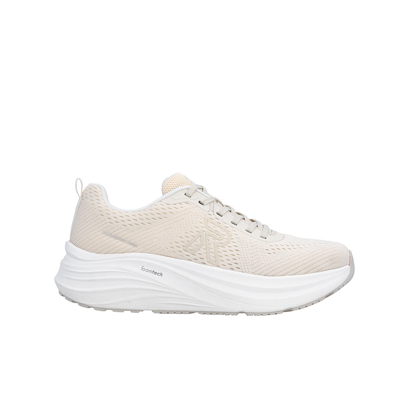 Beige knit lace-up sneaker with cushioned white sole and sporty low profile