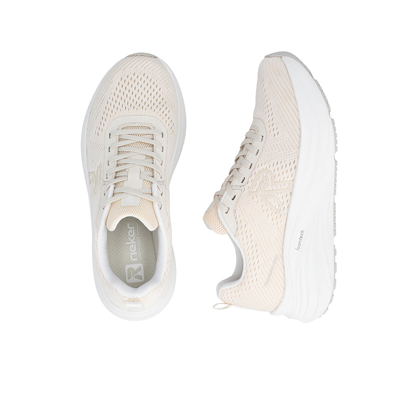 Beige knit sneaker with Rieker logo on heel lining and padded collar