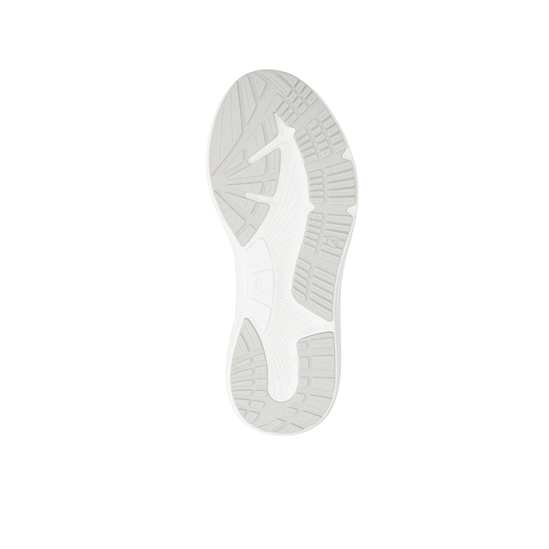 Beige sneaker outsole view with tread pattern and arch support ridges