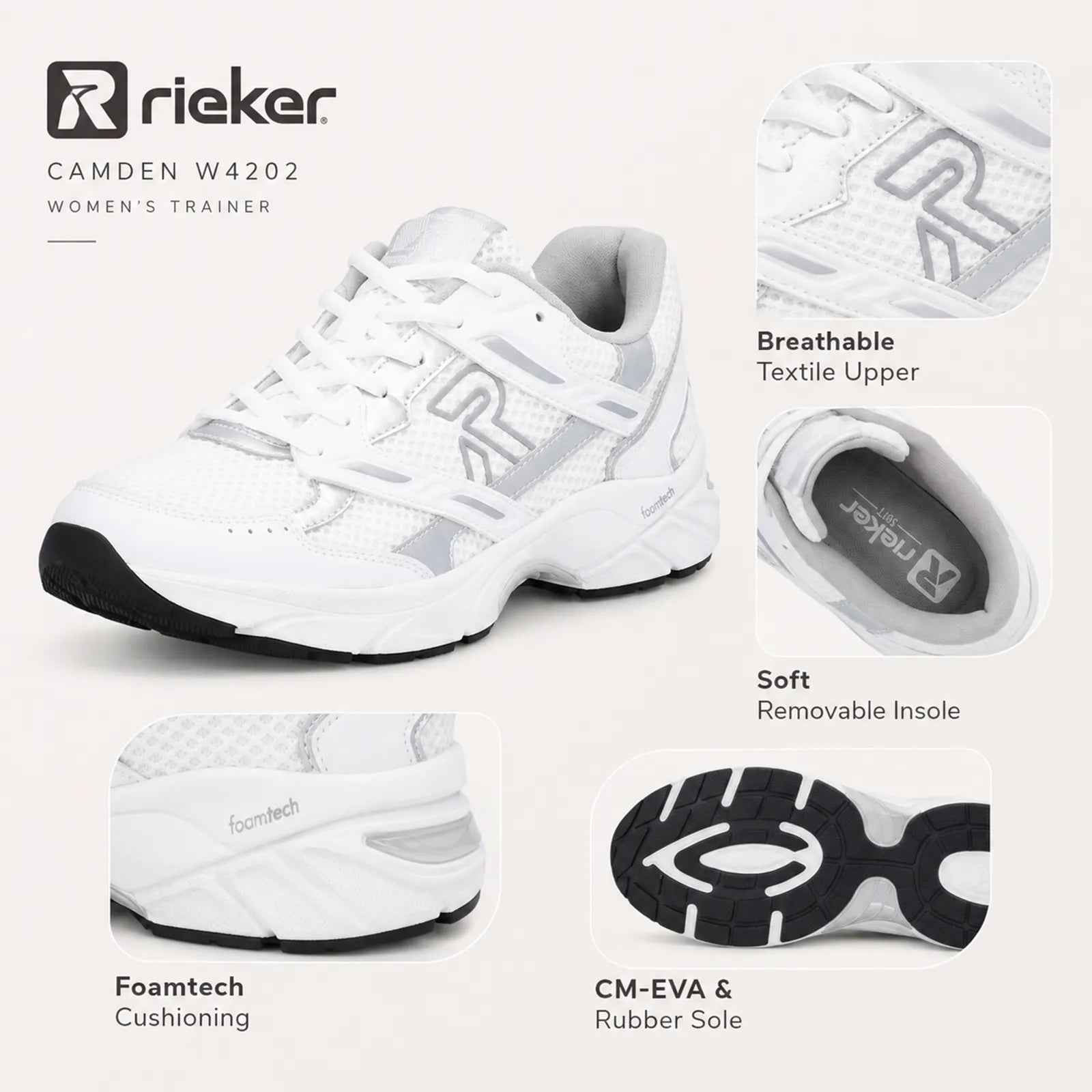 Rieker Camden women's black trainers close up detail showing mesh textile upper, outsole grip and removable insole