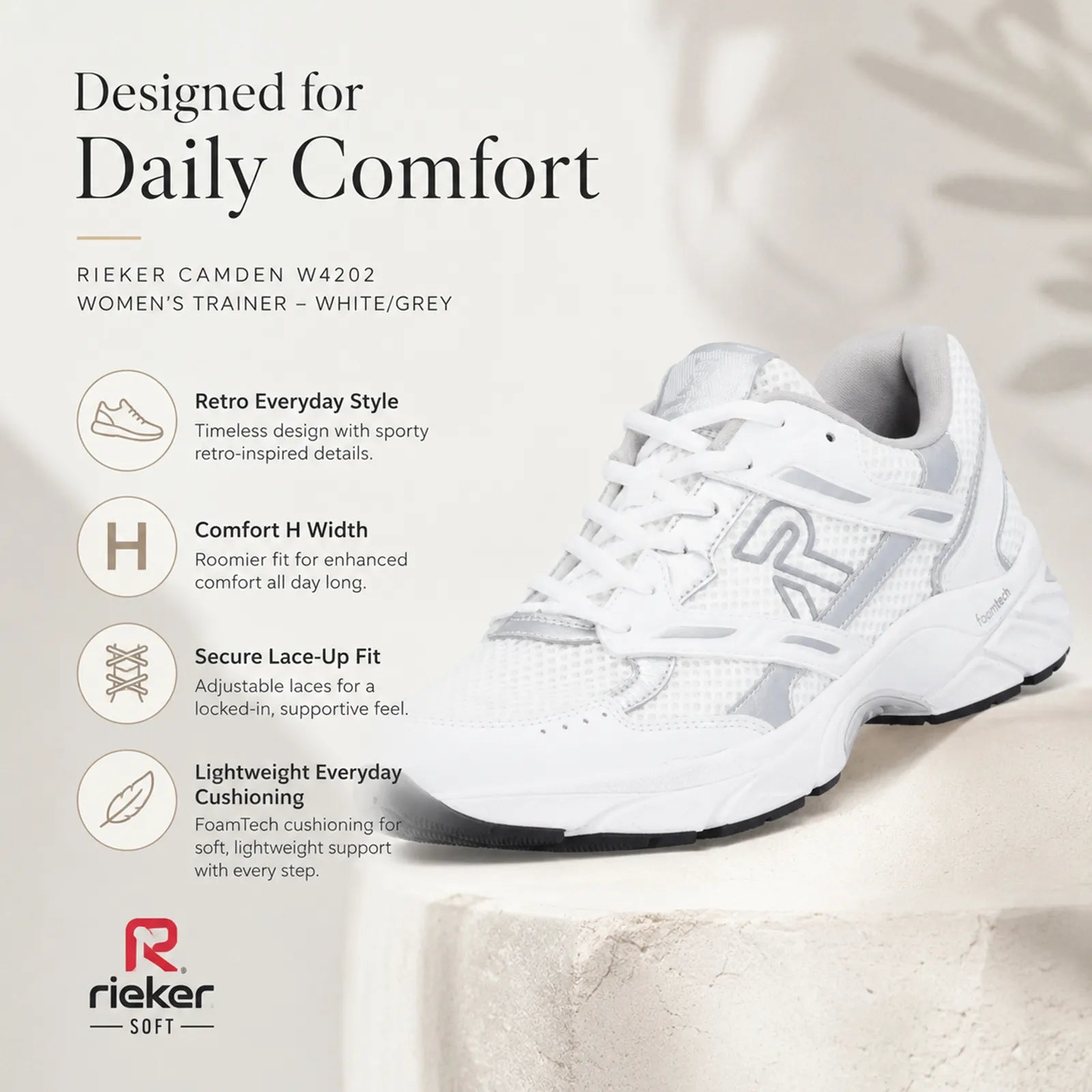 Rieker Camden women's black trainers showing removable insole, Foamtech cushioning and comfort H width features