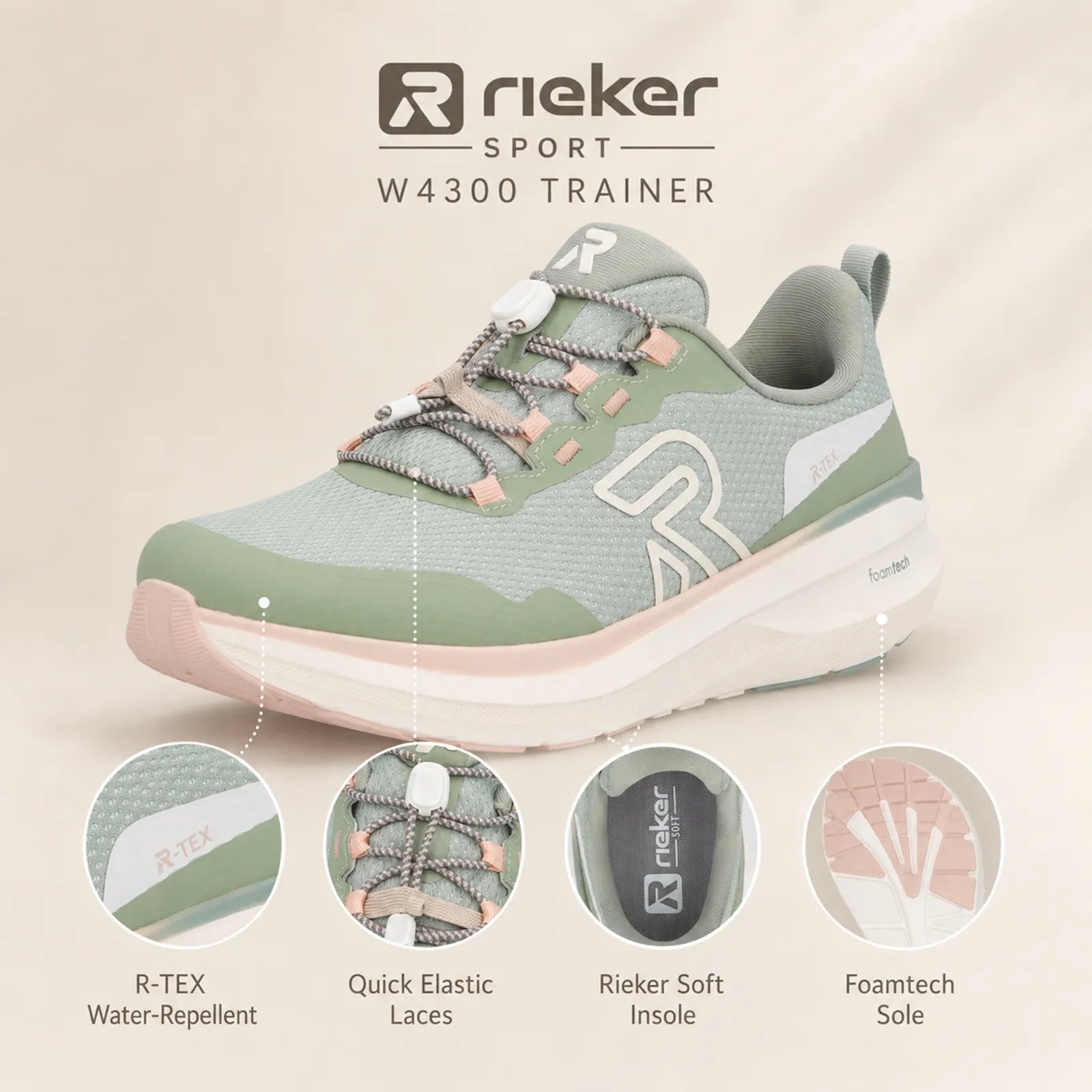 Close-up detail of Rieker W4300 women's Green quick laces and lightweight outsole