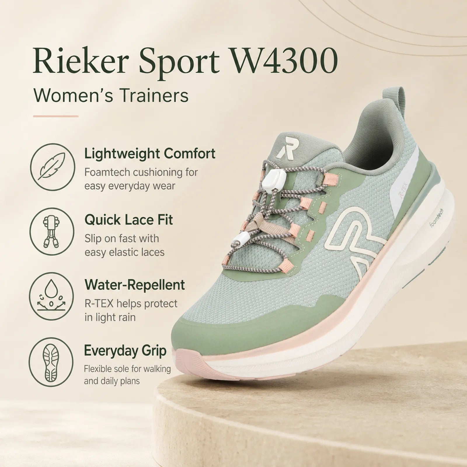 Rieker W4300 women's Green trainers with R-TEX upper, soft insole and foamtech sole