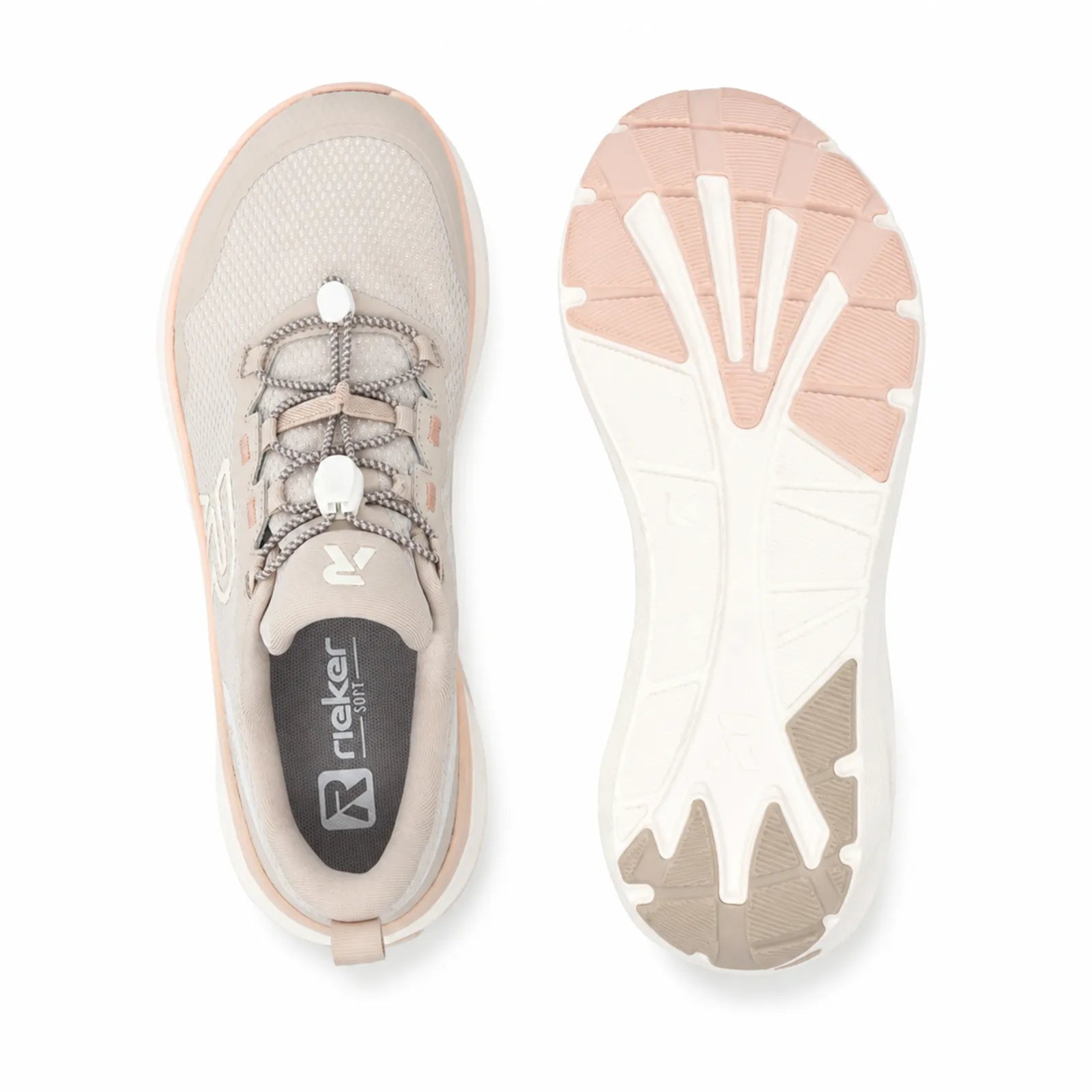 Side angle view of Rieker W4300 women's Beige textile trainers