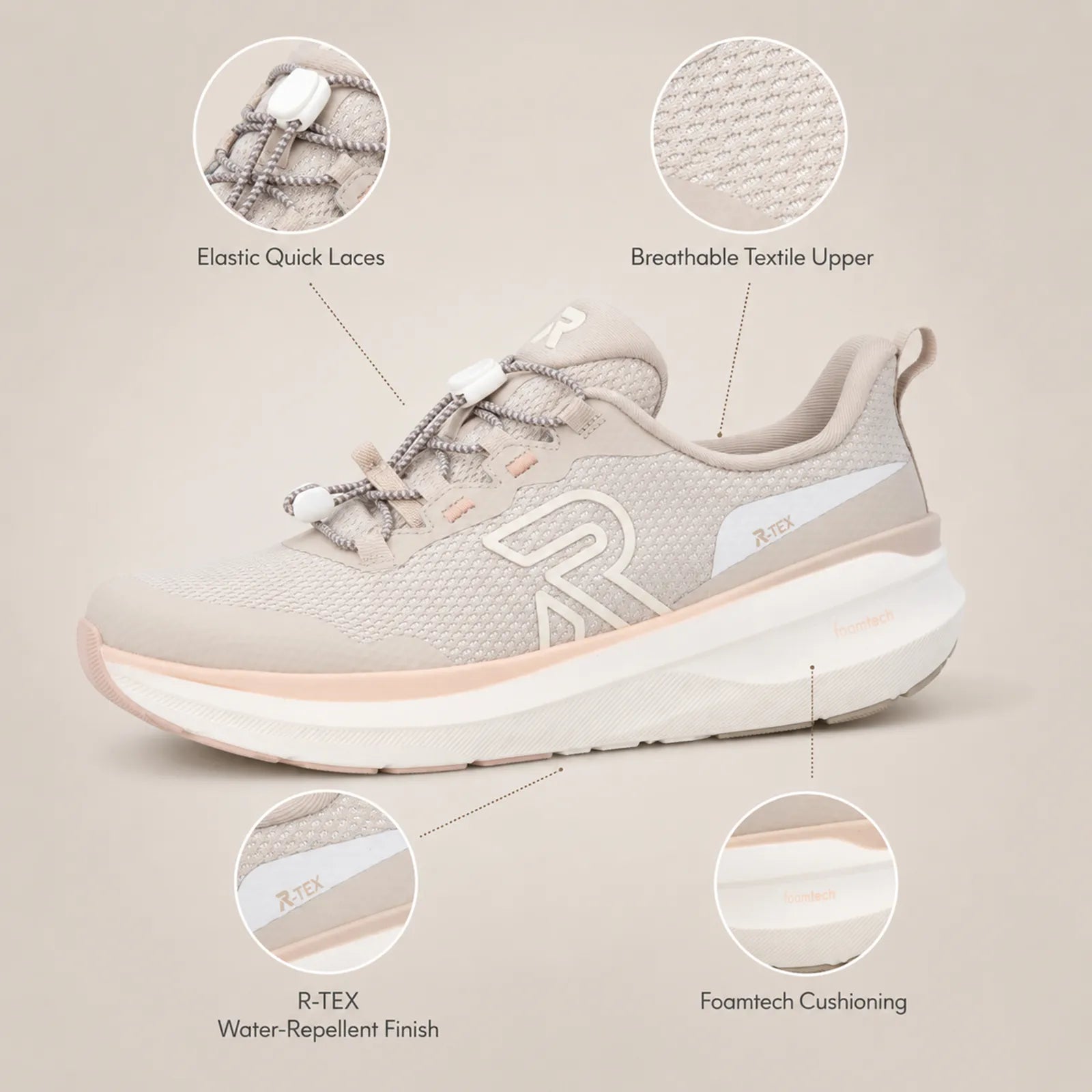 Close-up detail of Rieker W4300 women's Beige quick laces and lightweight outsole