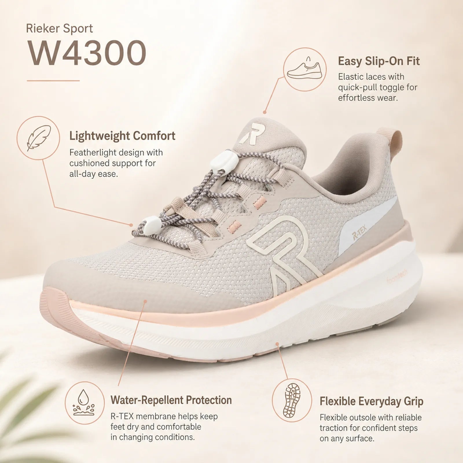 Rieker W4300 women's Beige trainers with R-TEX upper, soft insole and foamtech sole
