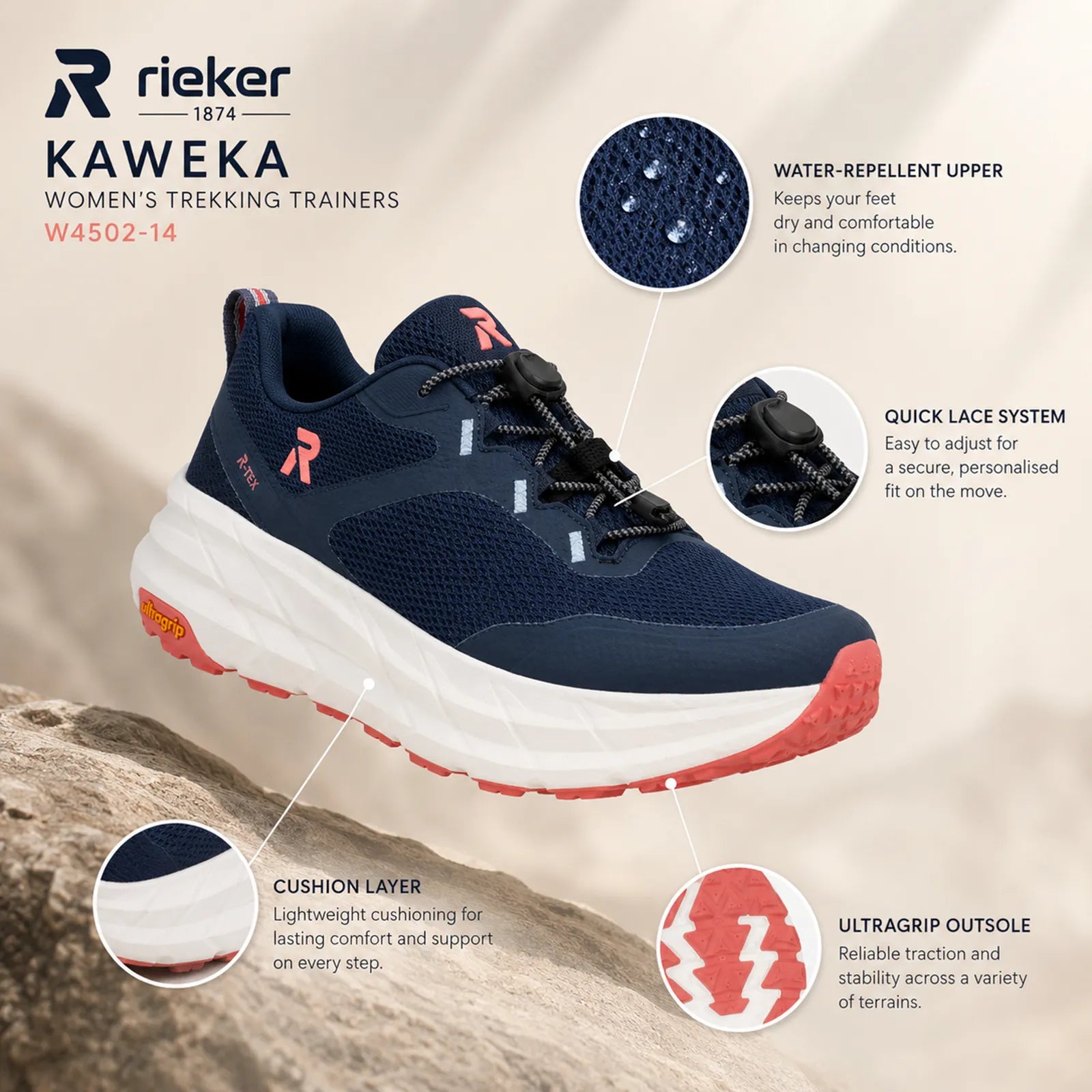 Rieker Kaweka women's blue trekking trainers, outsole and textile upper detail view with removable insole
