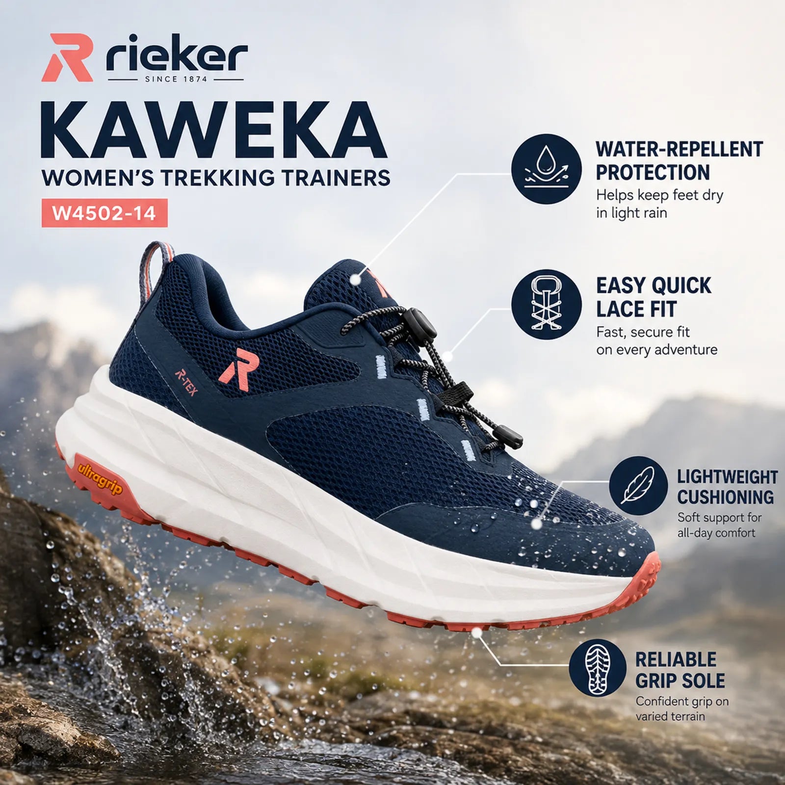 Rieker Kaweka women's blue trekking trainers showing water-repellent textile upper, Cushion Layer and grip sole features
