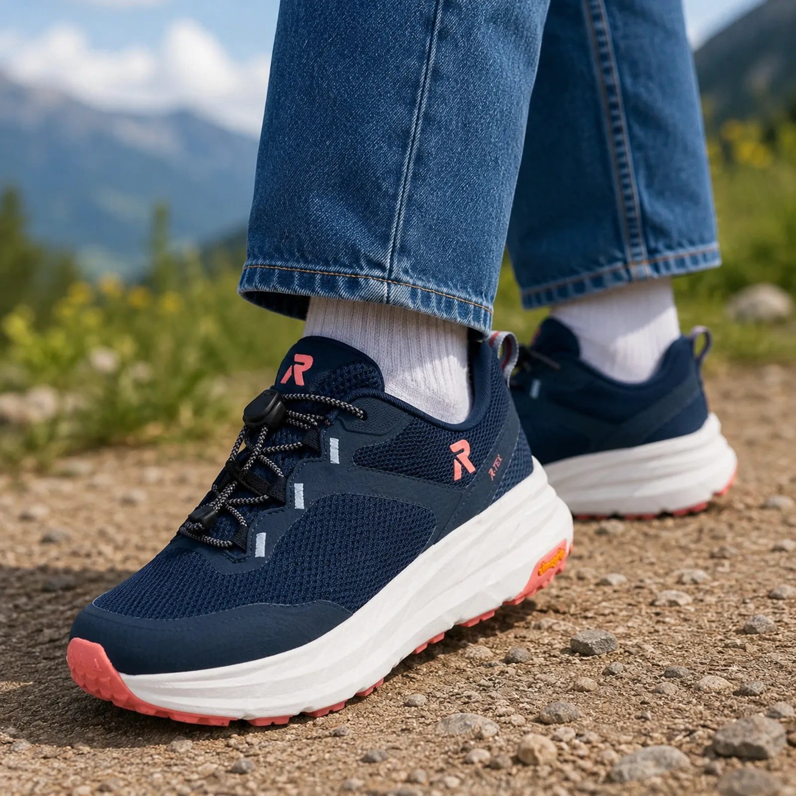 Rieker Kaweka women's blue trekking trainers with quick lace fastening, on-foot walking view with outdoor styling