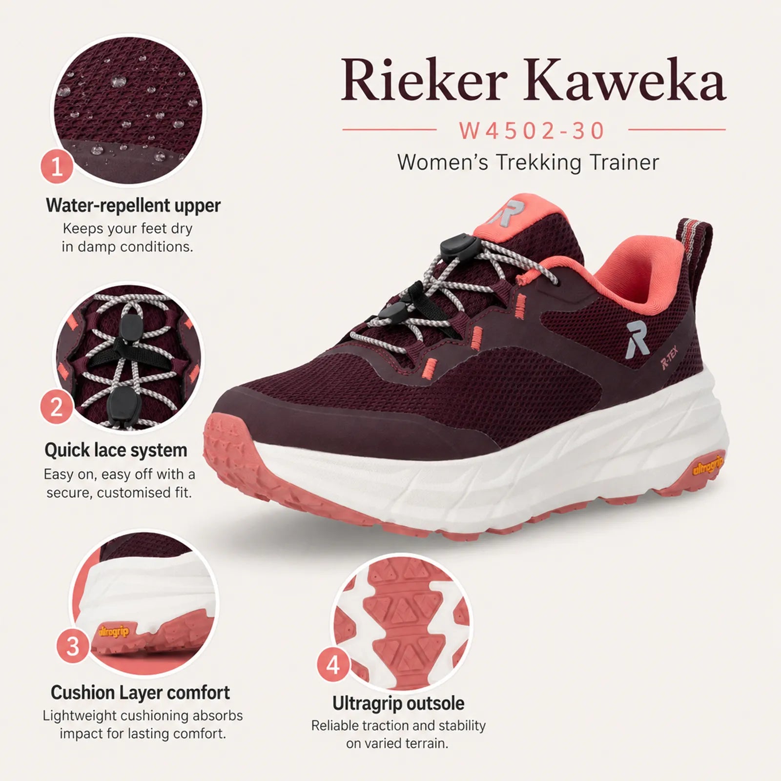 Rieker Kaweka women's red trekking trainers, outsole and textile upper detail view with removable insole
