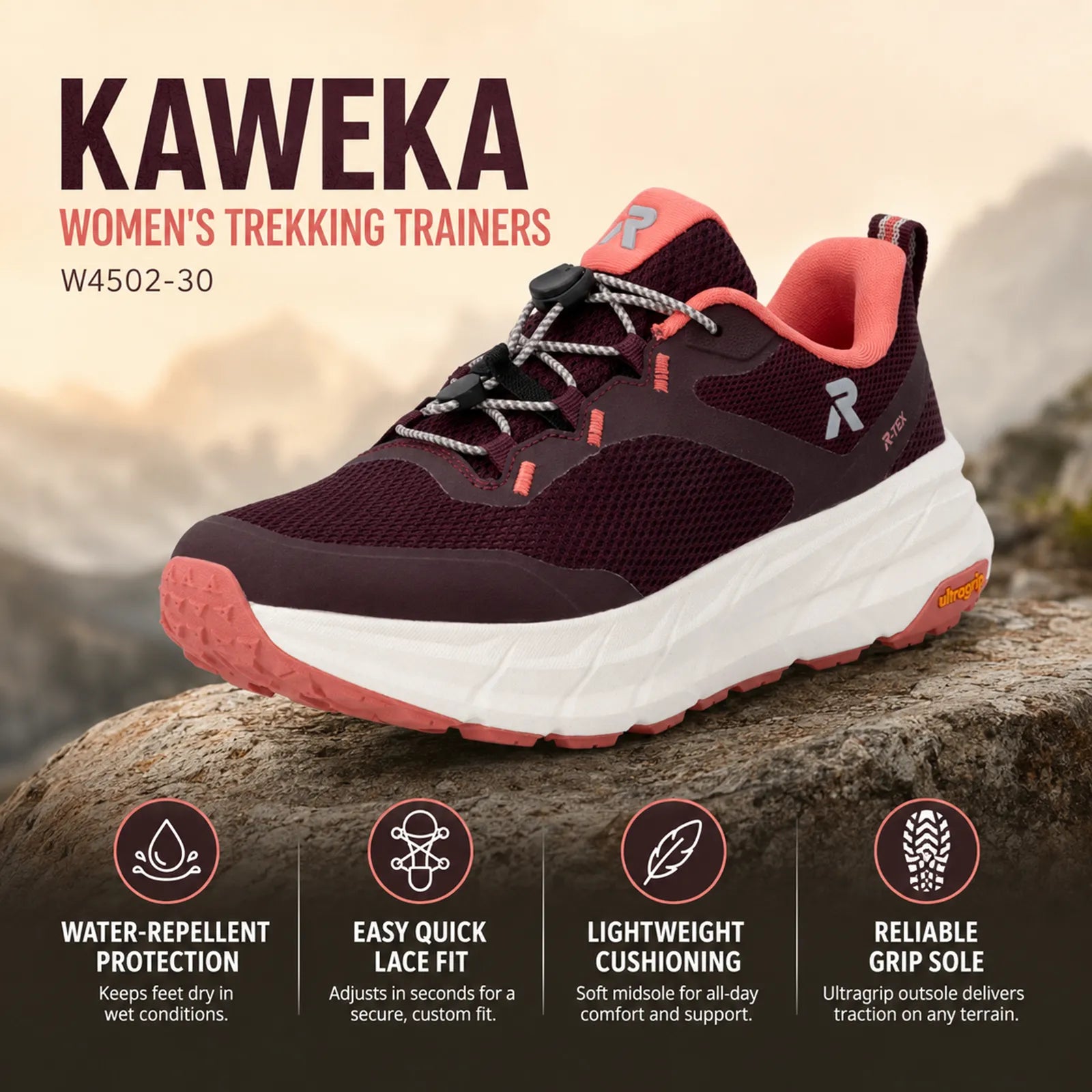 Rieker Kaweka women's red trekking trainers showing water-repellent textile upper, Cushion Layer and grip sole features