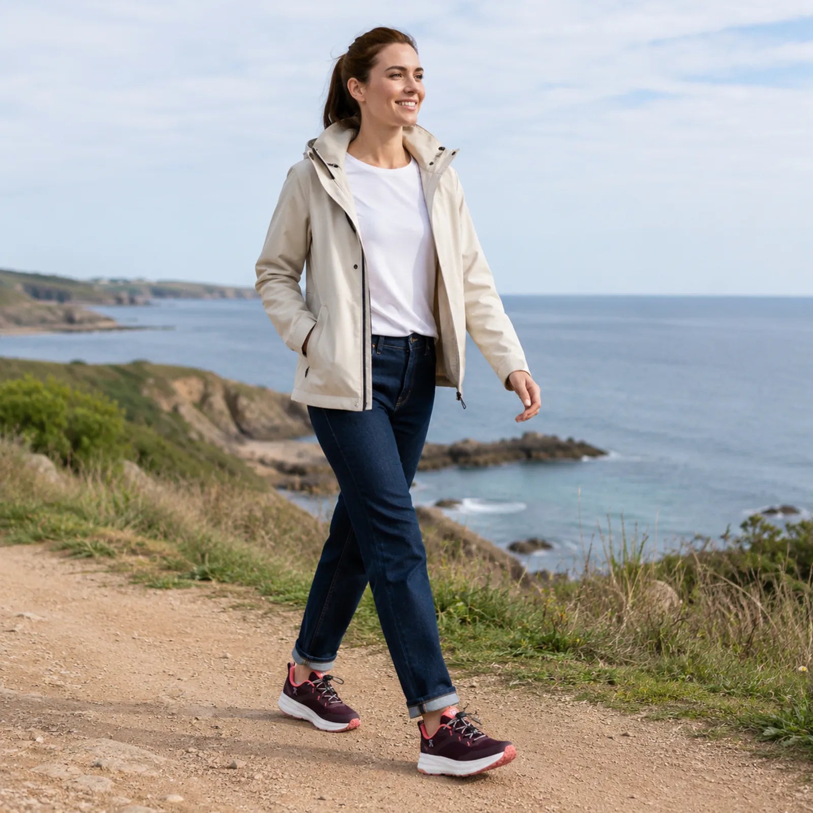 Rieker Kaweka women's red trekking trainers, lifestyle outdoor walking scene for travel and everyday wear