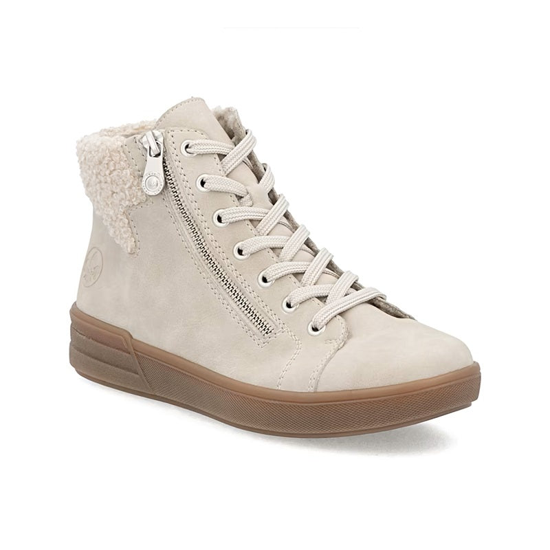 Beige ankle boots with side zipper and lace-up, sherpa lining, cushioned rubber sole