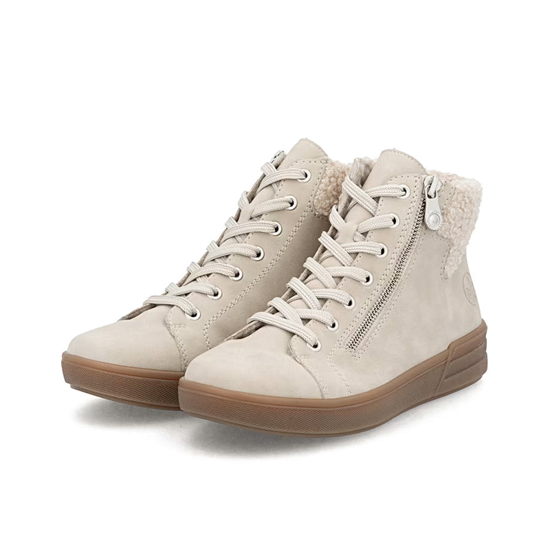 Beige lace-up ankle boots with side zipper, sherpa cuff and textured rubber sole