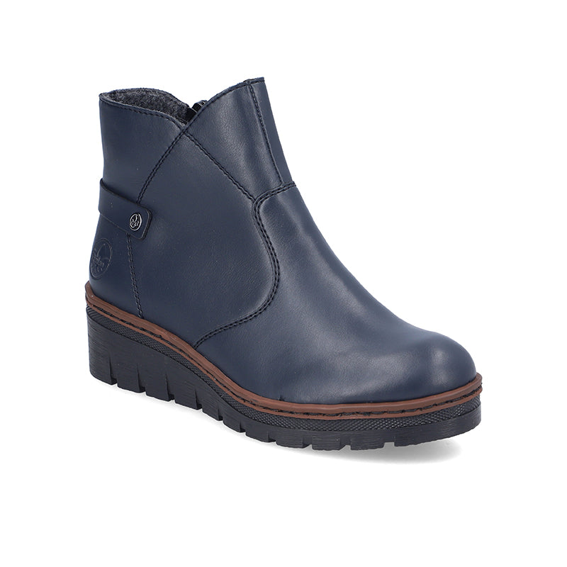 Women’s blue ankle boots with side zip, cushioned upper and lug sole