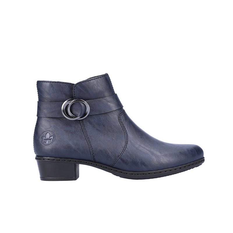 Blue ankle boots with buckle strap, side zipper, and low heel