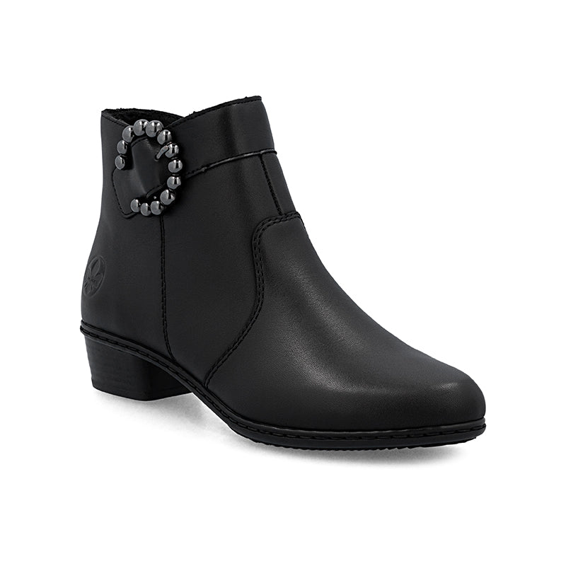 Black leather ankle boot with side zipper and decorative stud emblem.