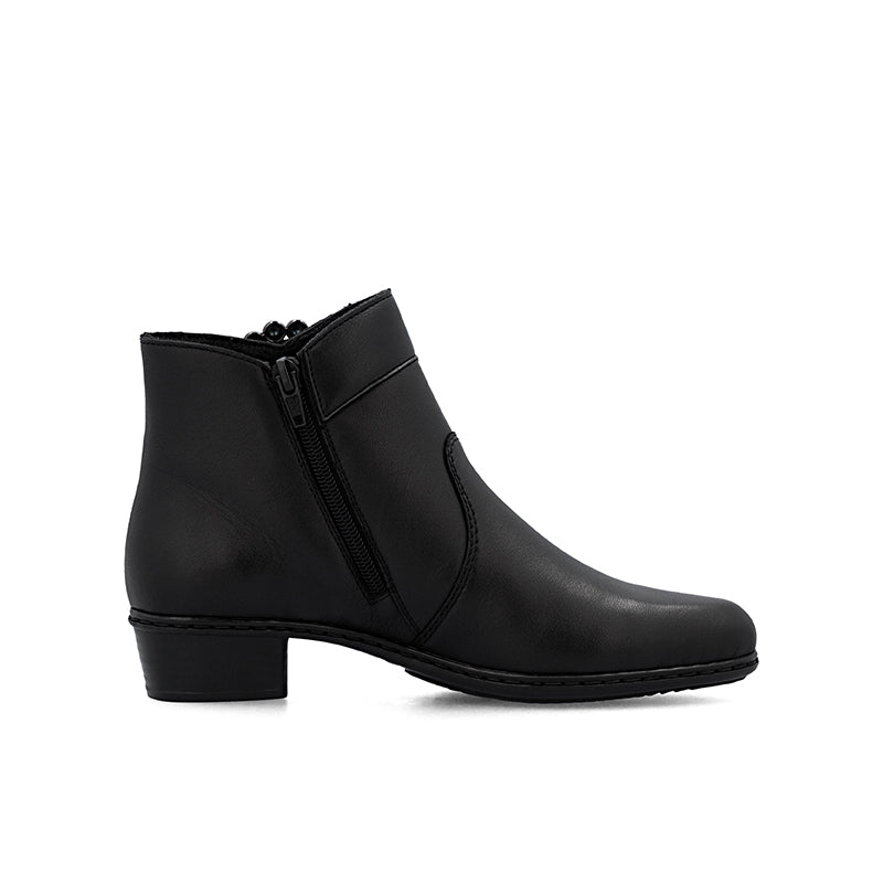 Black leather ankle boot with side zipper and low block heel.