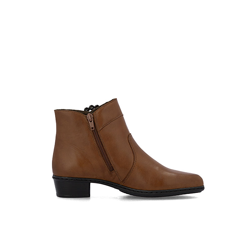 Brown leather ankle boot with side zipper and low block heel.