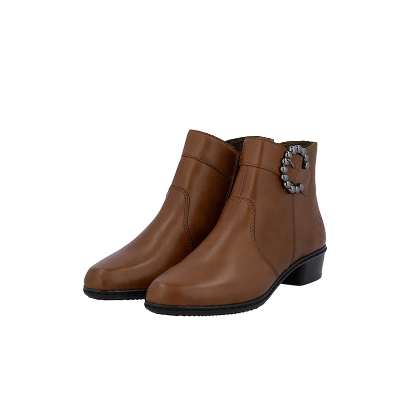 Brown leather ankle boots with side zipper and jeweled ankle detail.