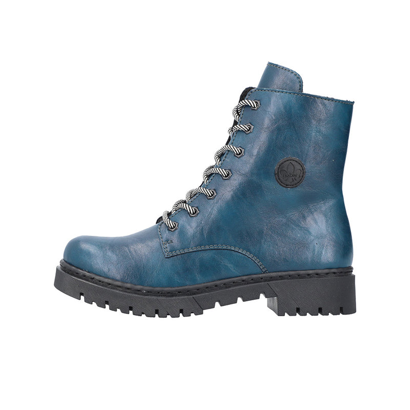 Blue leather lace-up ankle boot with side zipper and round logo patch