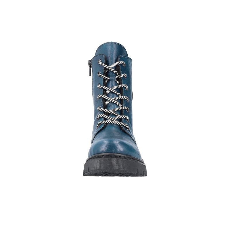 Blue leather lace-up ankle boot with padded collar and chunky rubber sole
