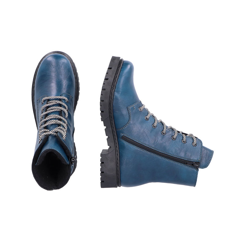 Blue leather lace-up ankle boots with side zipper and chunky tread sole