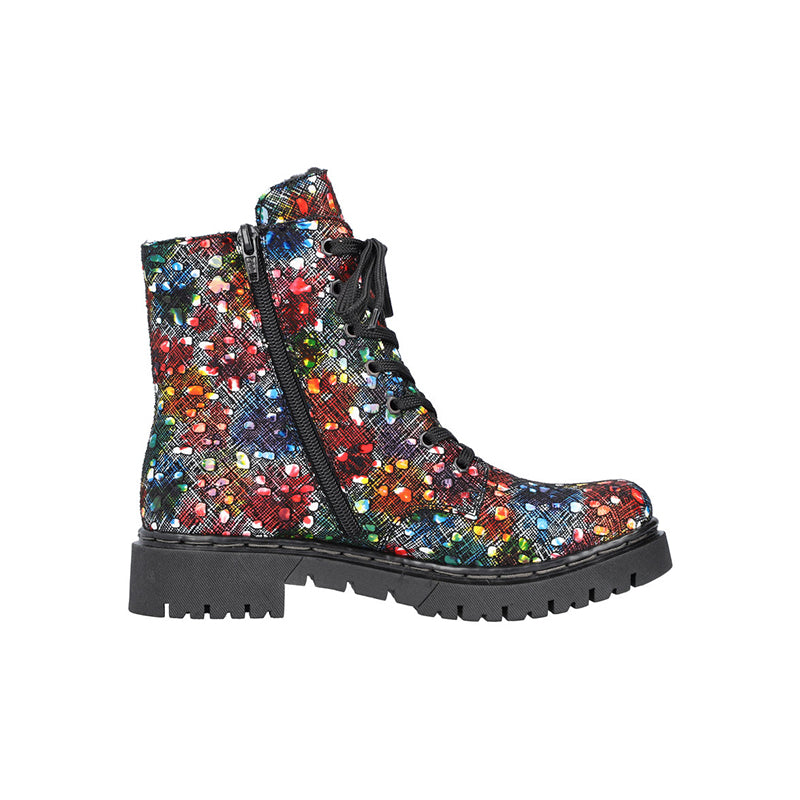 Multicolor sequin lace-up ankle boots with side zipper and chunky tread sole