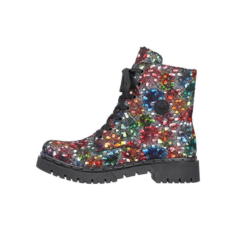 Multicolor sequined lace-up ankle boots with side zipper and chunky tread sole