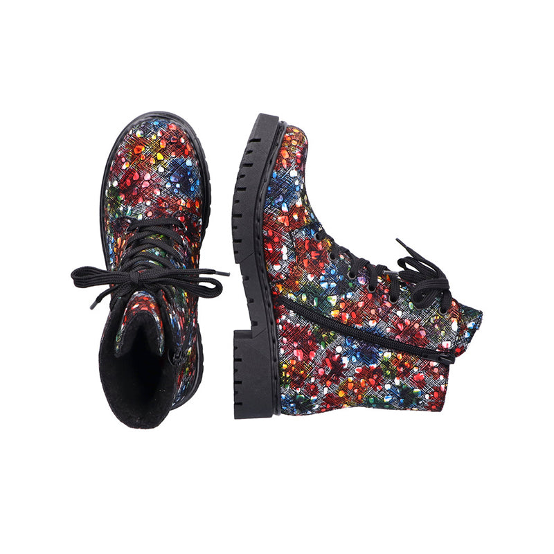 Multicolor sequin lace-up ankle boots with side zipper and chunky tread sole