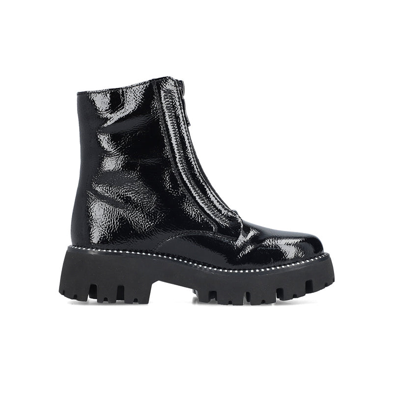 Black glossy ankle boot with chunky lug sole and side zipper detail