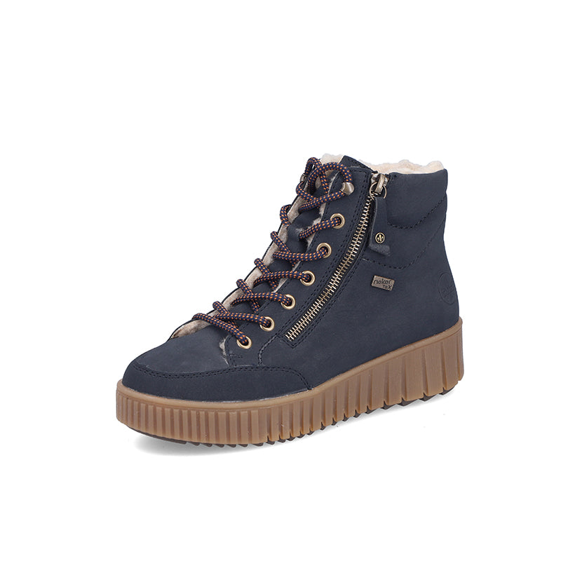 Blue ankle boots with side zip and lace-up front, padded collar, and rugged tan sole