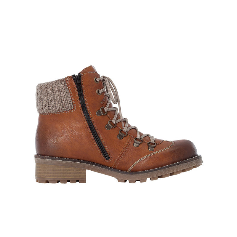 Rieker brown lace-up ankle boots with gray knit cuff and side zipper