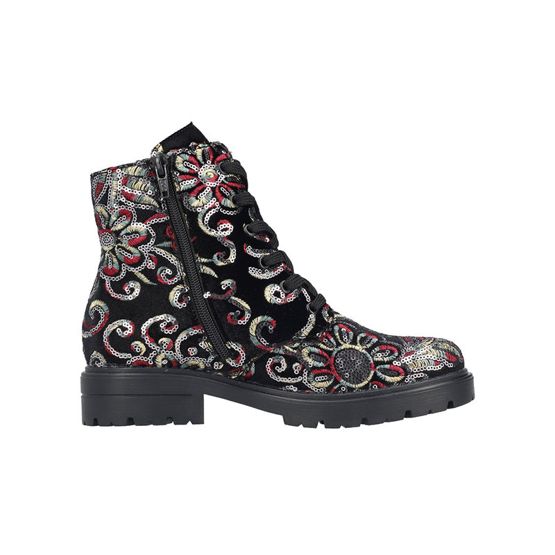 Women’s ankle boots: black with multicolor paisley, side zip, lace-up.