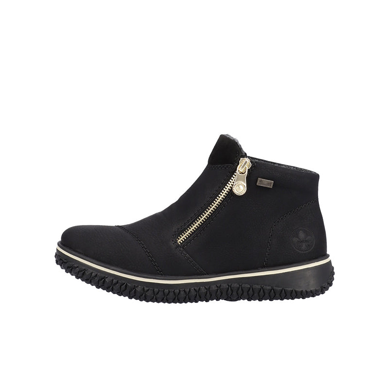 Black ankle boots with side zip and rugged textured sole