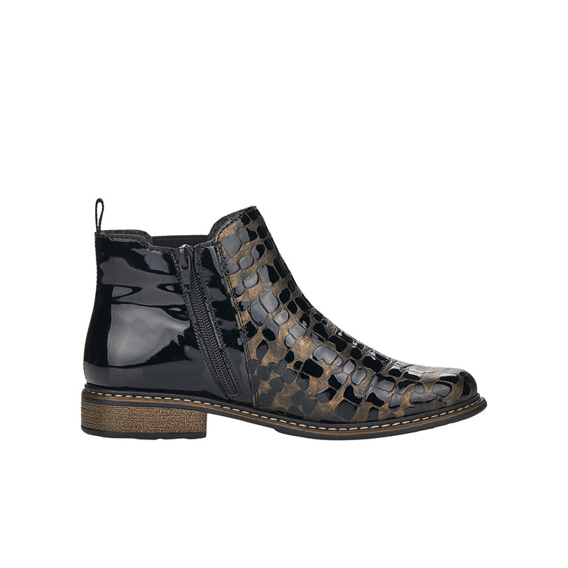 Rieker black ankle boots with side zip, patterned uppers, and low block heel