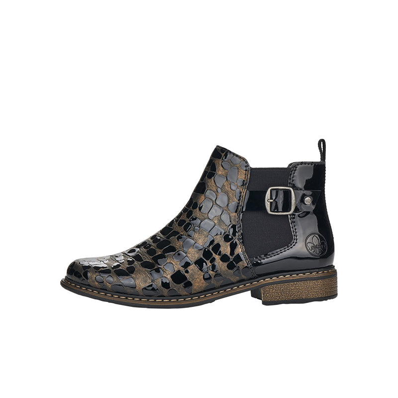 Rieker black ankle boots with side zip, buckle strap, patterned front, low block heel