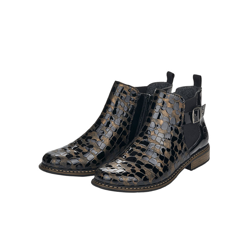 Rieker black ankle boots with side zip, patterned uppers, and adjustable buckle strap
