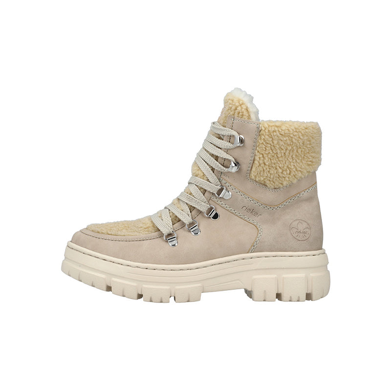 Beige high-top winter boot with lace-up closure and sherpa collar trim