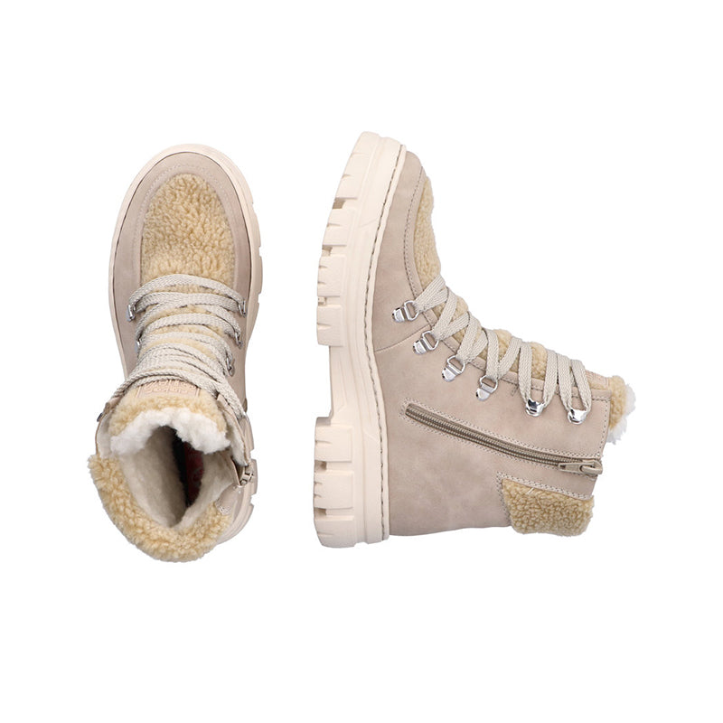 Beige ankle boot showing side profile and open interior with sherpa lining