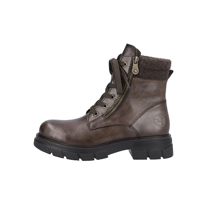 Brown mid-calf lace-up boot with side zipper, padded collar, chunky tread sole