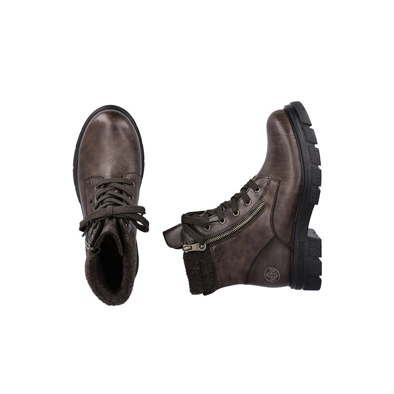 Brown lace-up mid-calf boots with side zipper and chunky tread sole, dark lining
